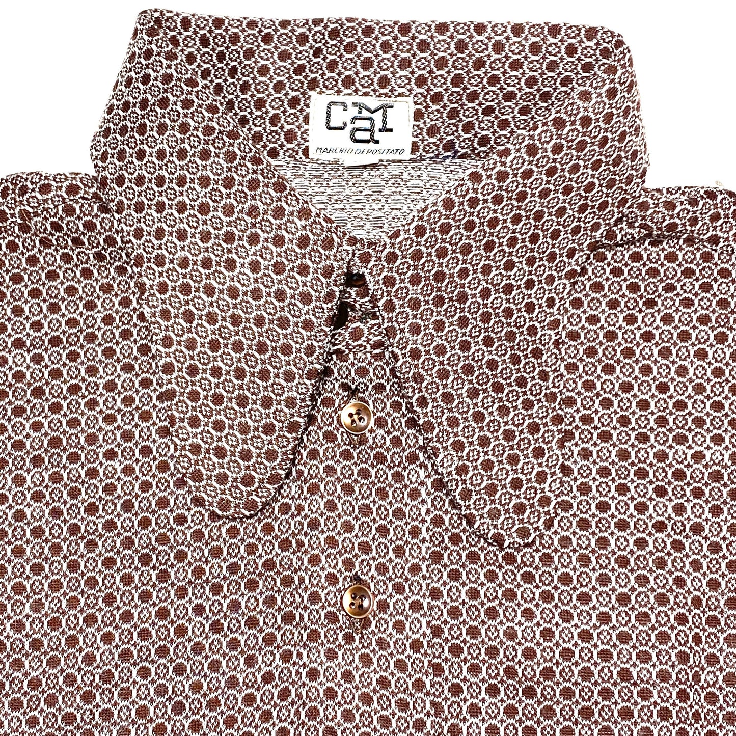 Cam brown/white beagle neck shirt, jacquard knit geometrical allover, made in Italy 1970 NOS in perfect condition