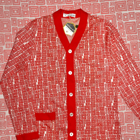 Ragno 1960s NWT red/white geometrical cotton jacquard cardigan, mint & super cool