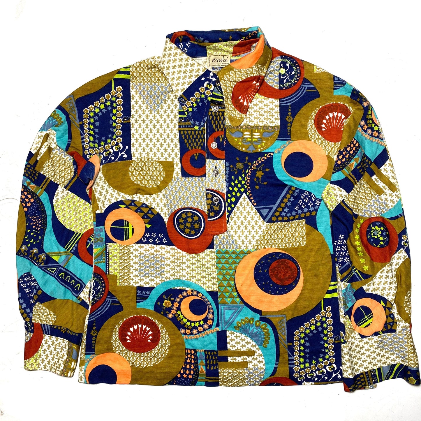 Essebi Milano 70s mod style blouse, colorful abstract allover with beagle collar, mint