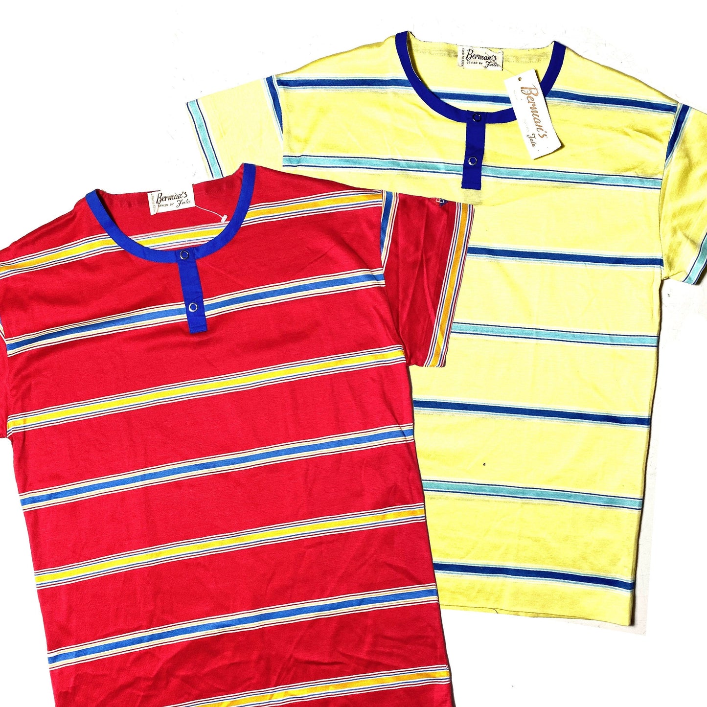 Berman’s by Fata NWT 70s finest lisle cotton yarn Jacquard striped t-shirts, new and unworn from deadstock in 2 colors.