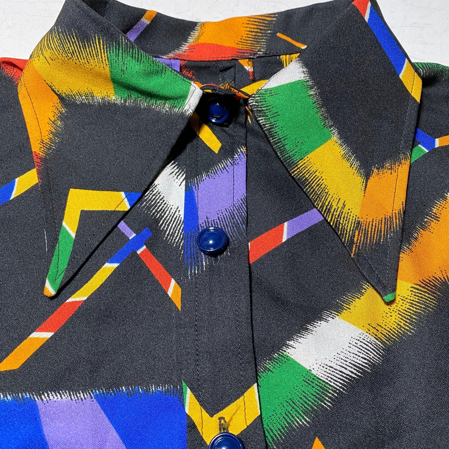 1970s MOd style satin shirt dress w/beagle collar, colorful abstract allover black base, perfect condition.