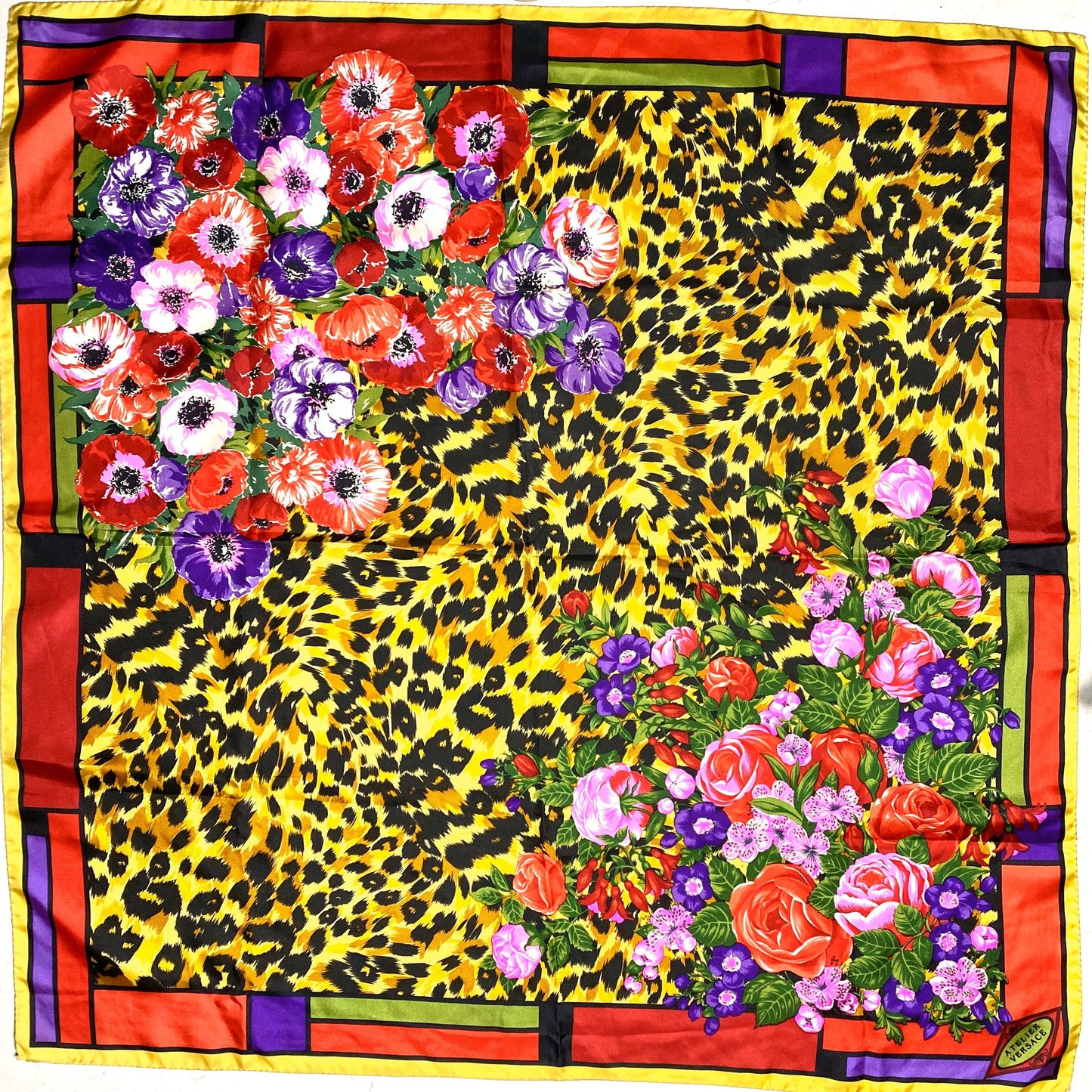 Atelier Versace vintage 90s baroque floral/cheetah pure silk scarf, as new.