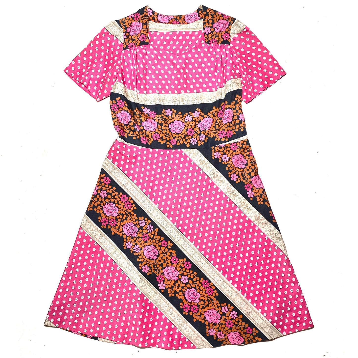1970s pink/black-floral striped allover blouson dress sz 48