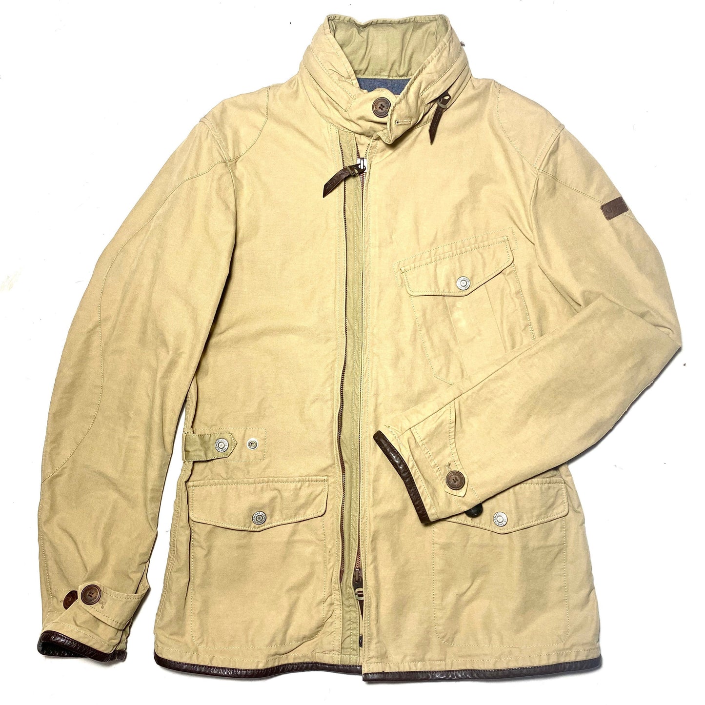 Armani Jeans retro beige cotton Canvas jacket with brown leather details and unusual double zipper design, mint