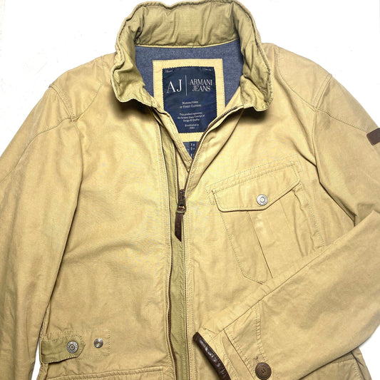 Armani Jeans retro beige cotton Canvas jacket with brown leather details and unusual double zipper design, mint