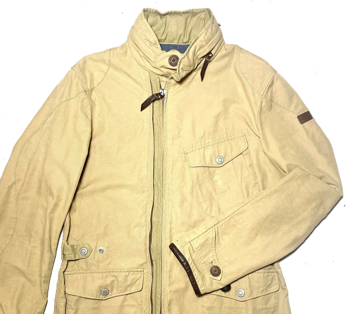 Armani Jeans retro beige cotton Canvas jacket with brown leather details and unusual double zipper design, mint