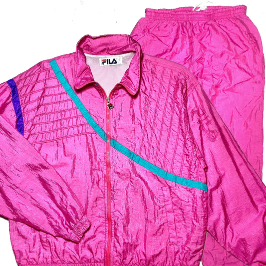 Fila 90s neon pink tracksuit, beautiful patchwork with purple and turquoise inserts, mint