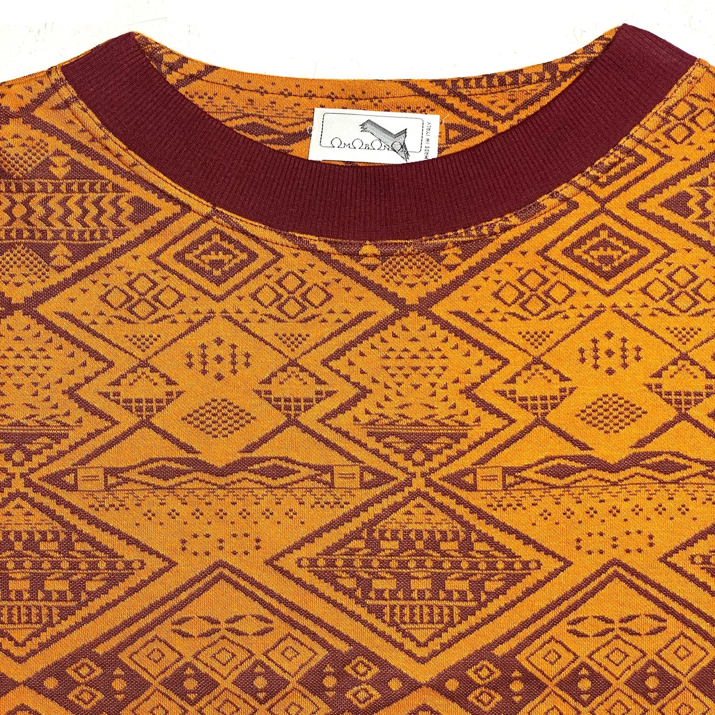 Amaranto navajo style t-shirt, finest knitted cotton jacquard piece, Italy 80s NOS