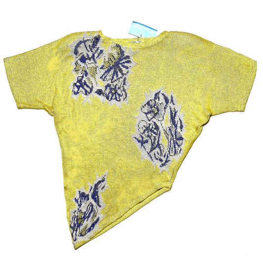 Spazio Alma asymmetrical short sleeved pullover, neon yellow with purple flowers, with tags