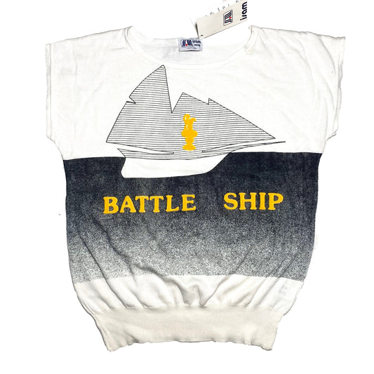 Isam Navy cotton knit ladies top with sailing themed print, new old stock 80s with tags