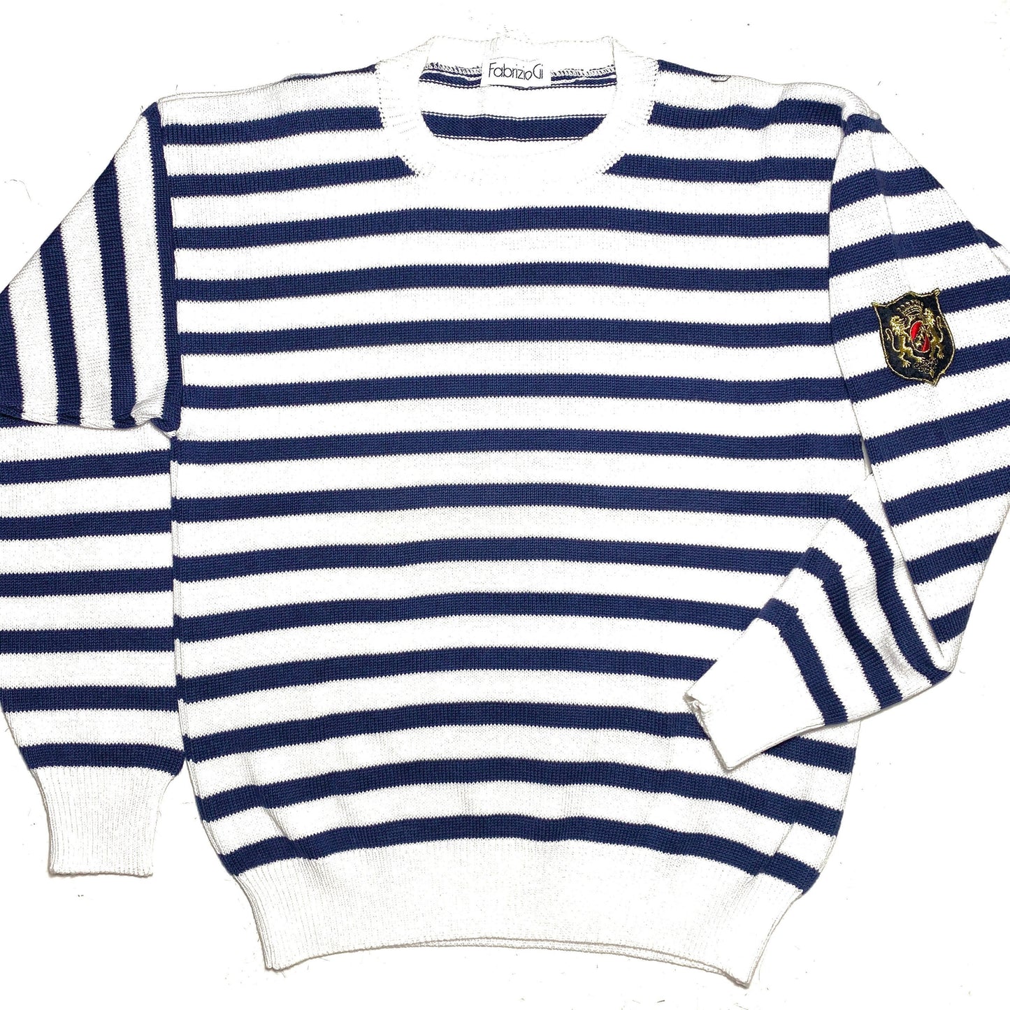 FabrizioG cotton knit mariner style sweater, navy/white horizontal striped with royalty embroidered patch, 1980s NOs Italy