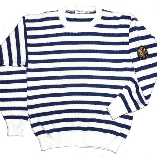 FabrizioG cotton knit mariner style sweater, navy/white horizontal striped with royalty embroidered patch, 1980s NOs Italy