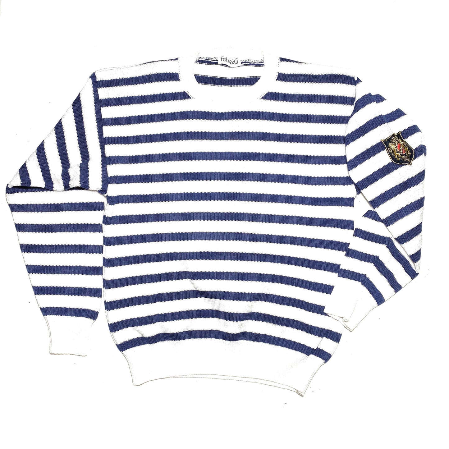 FabrizioG cotton knit mariner style sweater, navy/white horizontal striped with royalty embroidered patch, 1980s NOs Italy