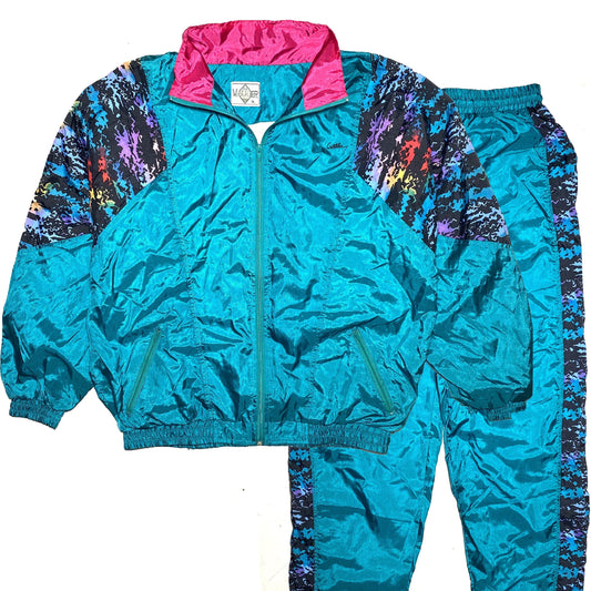 Walker NOS 80s colorful abstract satin tracksuit, sea green base with rainbow graffiti patches, XL