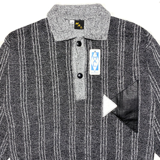 MAL collared grey/black ribbed pullover with leather inserts, NOS 80s Italy