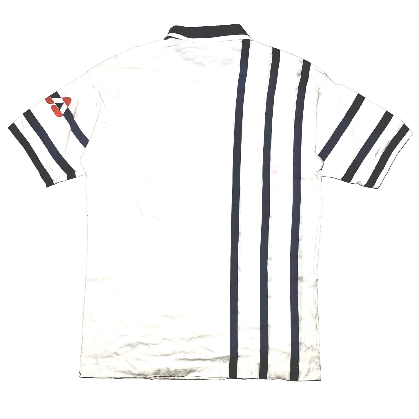 Fila 80s NWT white cotton polo with navy stripes and big brand print, US 40 / 44 available