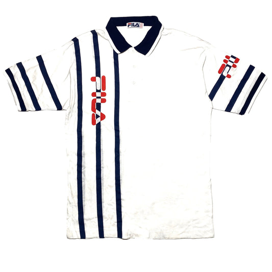 Fila 80s NWT white cotton polo with navy stripes and big brand print, US 40 / 44 available