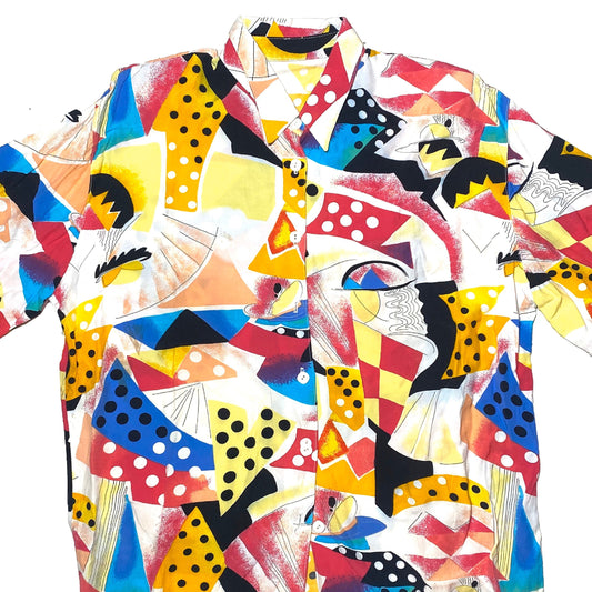 Colorful abstract allover short sleeved shirt made in a finest viscose fabric, mint condition