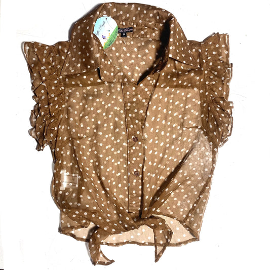 Traffic PPl crepe silk brown polka dot crop top tie waist blouse, mint condition with tags