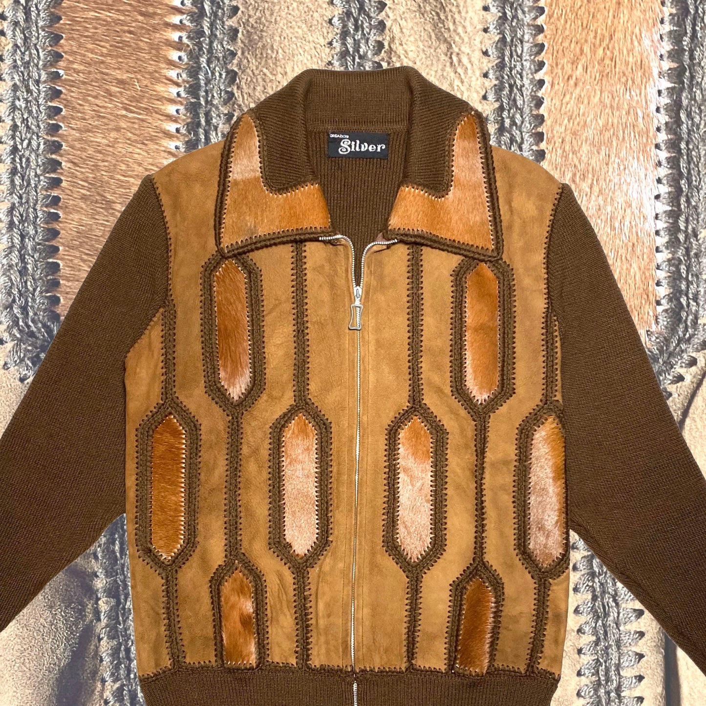 Silver 1970s zip up jumper, brown wool / cowhide / suede patchwork collared jumper; hand made in Italy mint condition