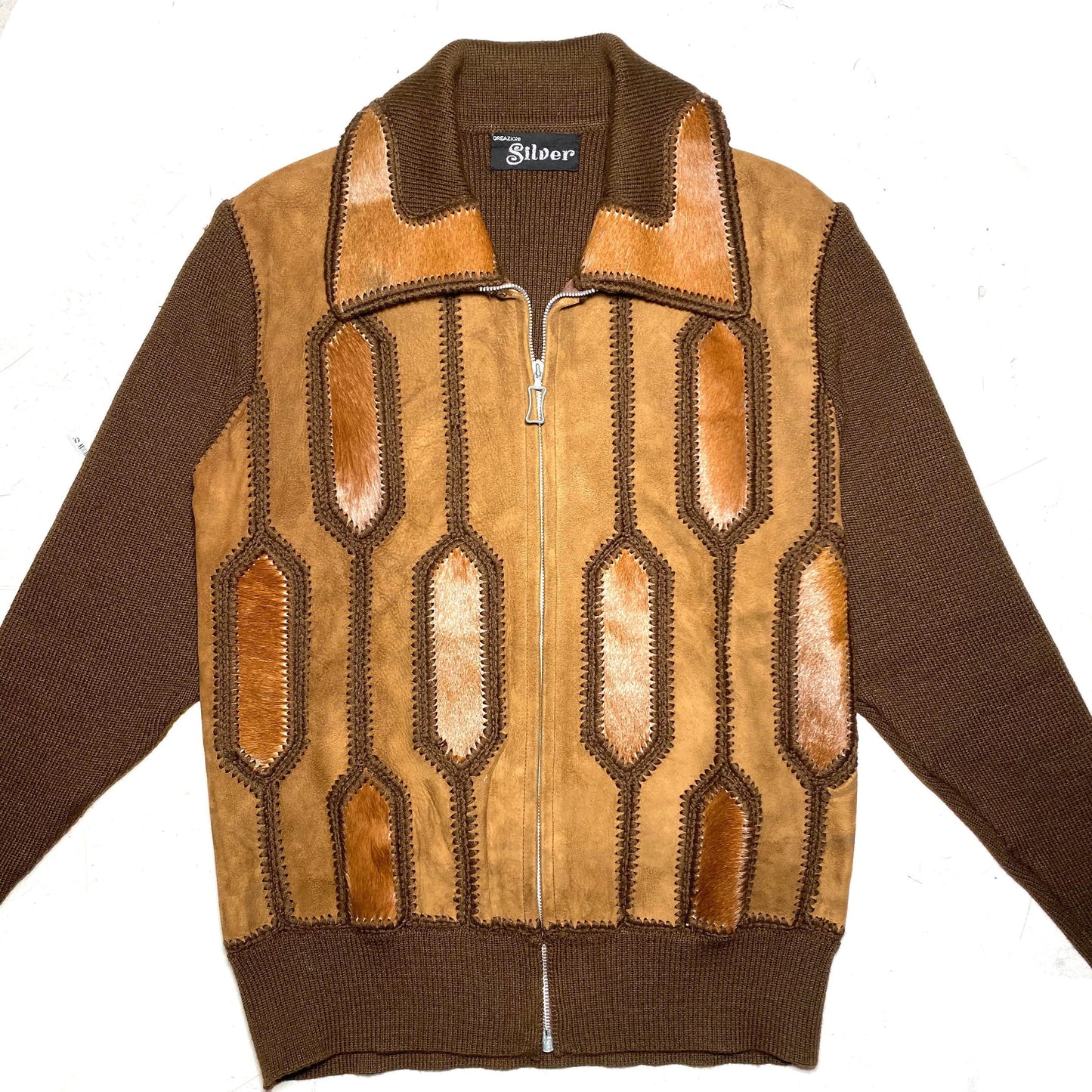 Silver 1970s zip up jumper, brown wool / cowhide / suede patchwork collared jumper; hand made in Italy mint condition