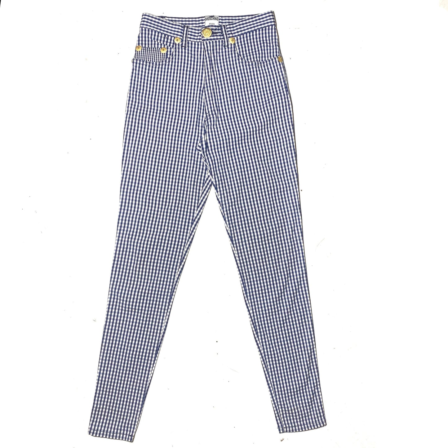 Moschino Jeans 90s blue-white checks slim trousers with golden buttons, cotton/viscose/spandex blends mint condition sz 27