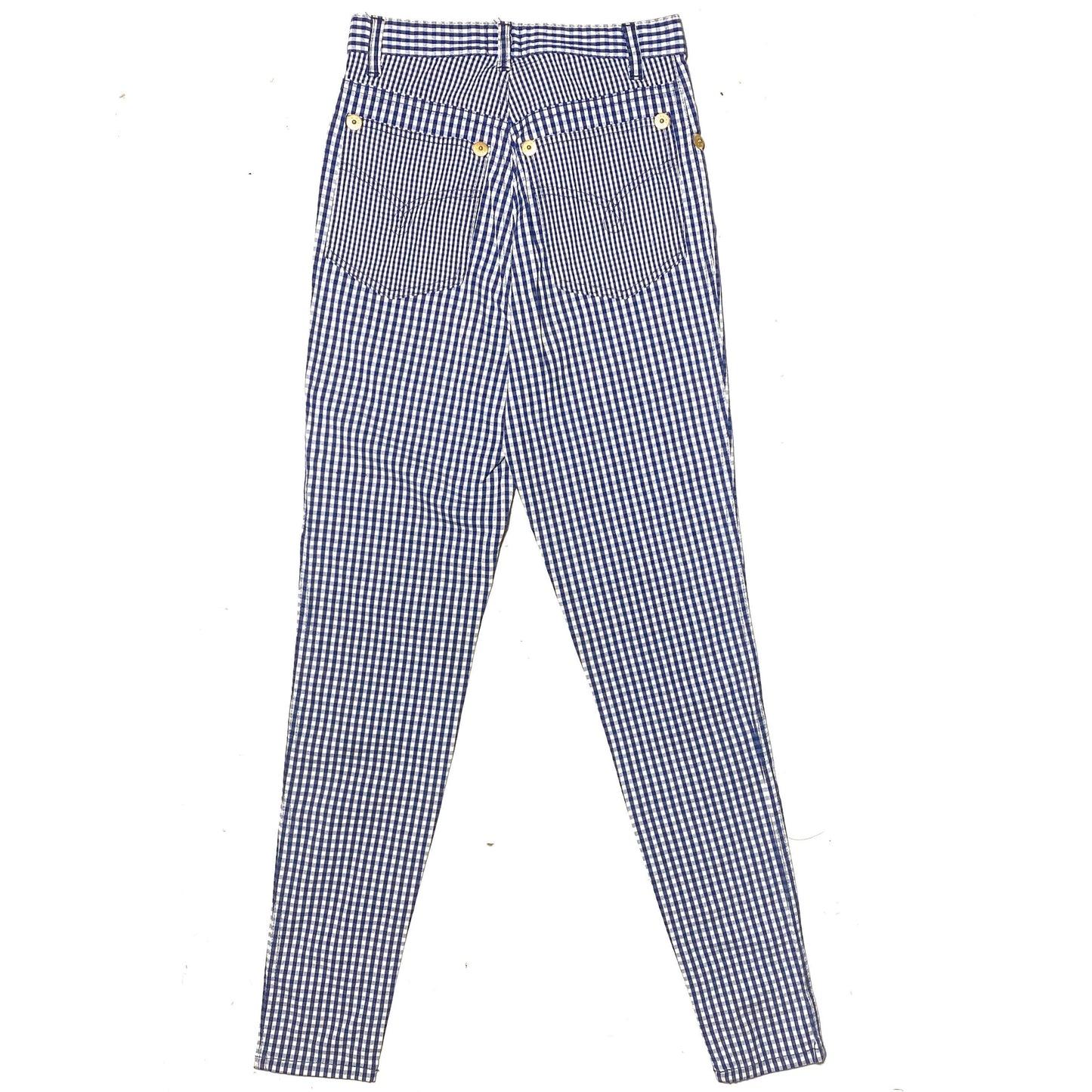 Moschino Jeans 90s blue-white checks slim trousers with golden buttons, cotton/viscose/spandex blends mint condition sz 27