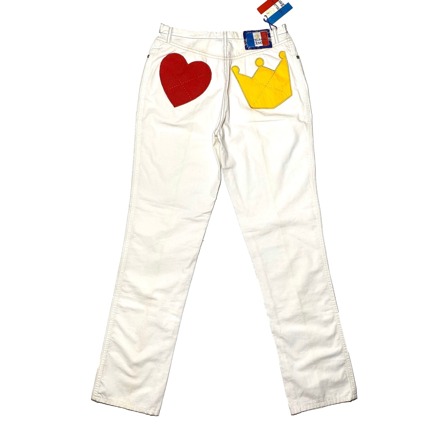 Castelbajac jeans collectible ladies trousers with Heart / Crown pockets details, new old stock w tags