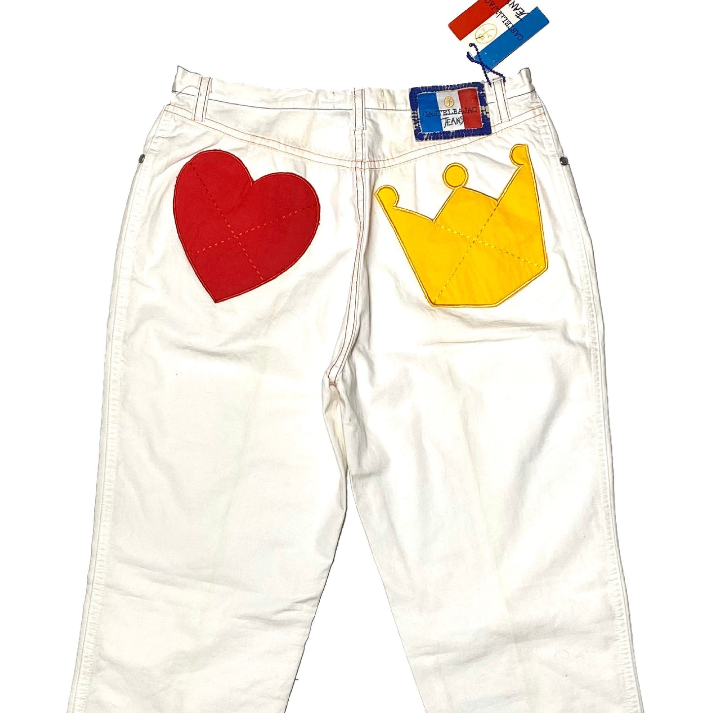 Castelbajac jeans collectible ladies trousers with Heart / Crown pockets details, new old stock w tags