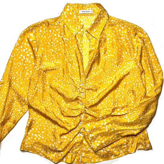 Renè Lezard Yellow/White abstract silk Blouse with deep neckline sz 44, mint