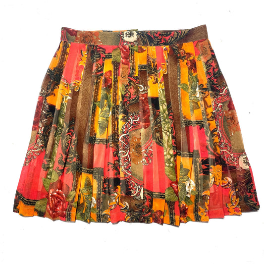 Baroque floral allover pleated skirt, red/orange tones print over Light georgette fabric, sz 48, new from deadstock.