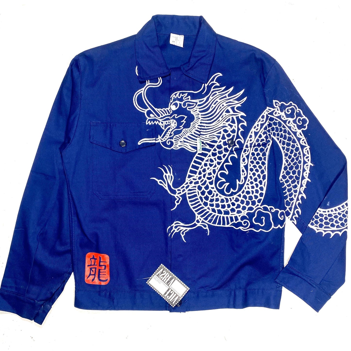 Brembo hand painted dragon French style blue worker chore jacket, NOS 80s