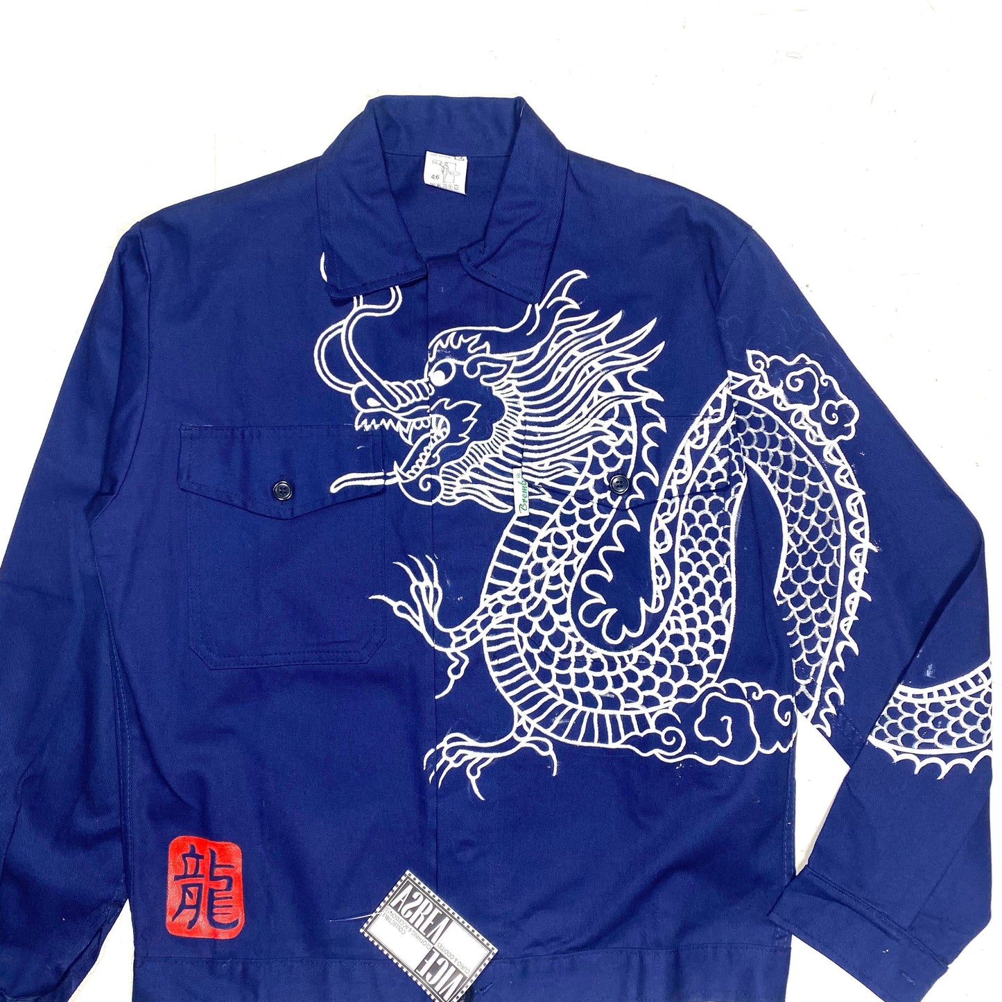 Brembo hand painted dragon French style blue worker chore jacket, NOS 80s