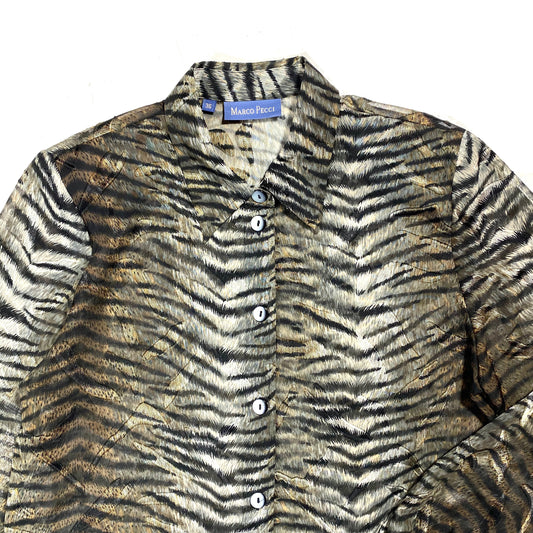 Marco Pecci luxury tranparent tulle blouse with tiger-animal print/ Jacquard inserts, sz M 80s Italy mint