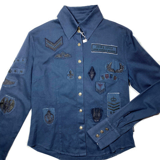 Versace Jeans military style navy cotton canvas blouse full of patches & medusa buttons, 90s Italy mint