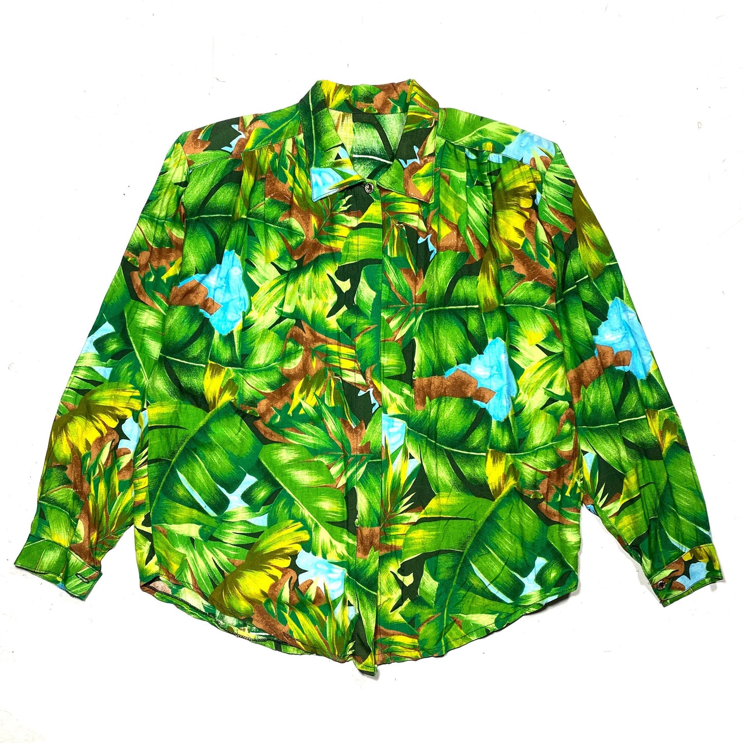 Bright green tones blouse, jungle palm leaves allover print on a fresh 100% viscose, mint sz M