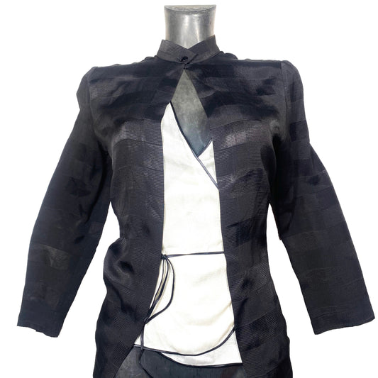 Luxury silk Jacquard black & white top minimalist 2 pcs set mandarin blouse + wrap tank, NOS 90s