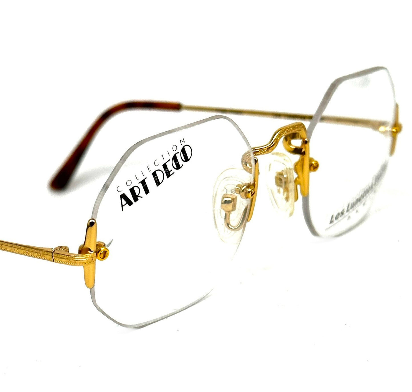 Essilor Art Decó 227 octagonal rimless retro gold plated eyeglasses frames made in France, 80s NOS