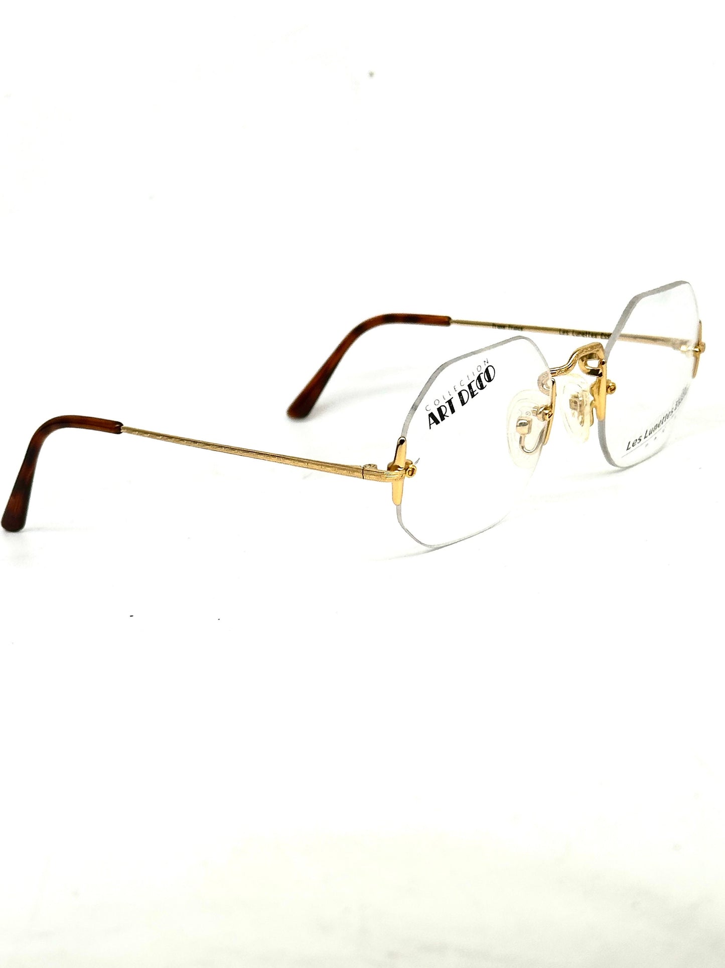 Essilor Art Decó 227 octagonal rimless retro gold plated eyeglasses frames made in France, 80s NOS