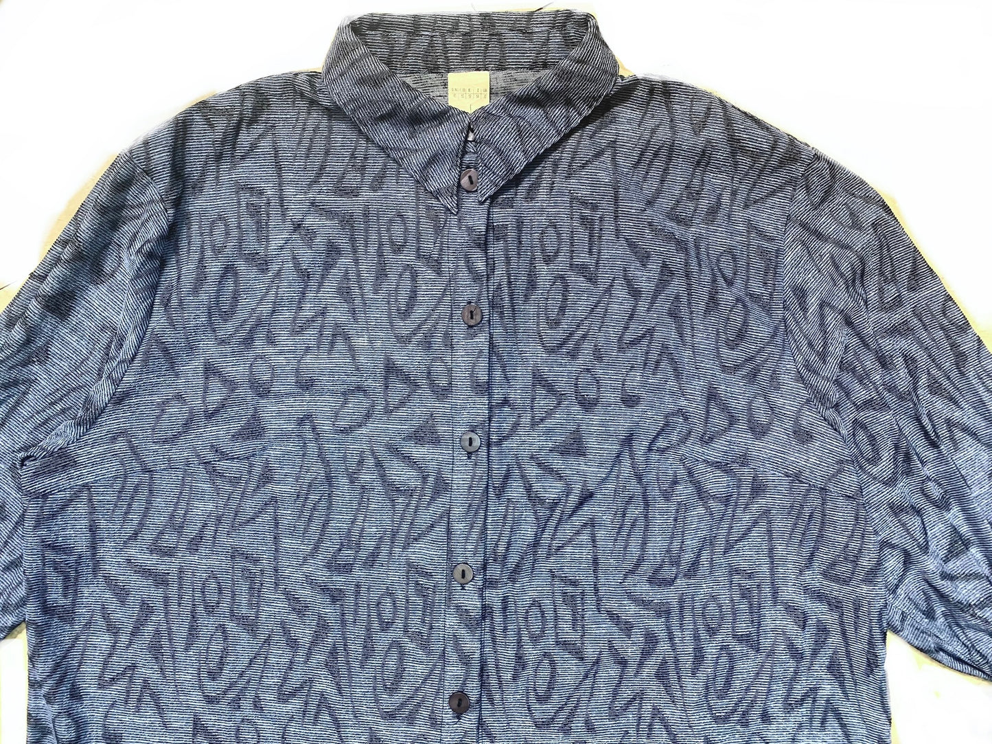 1990 Avi Blue abstract graffiti allover rib knit viscose shirt, oversized fit