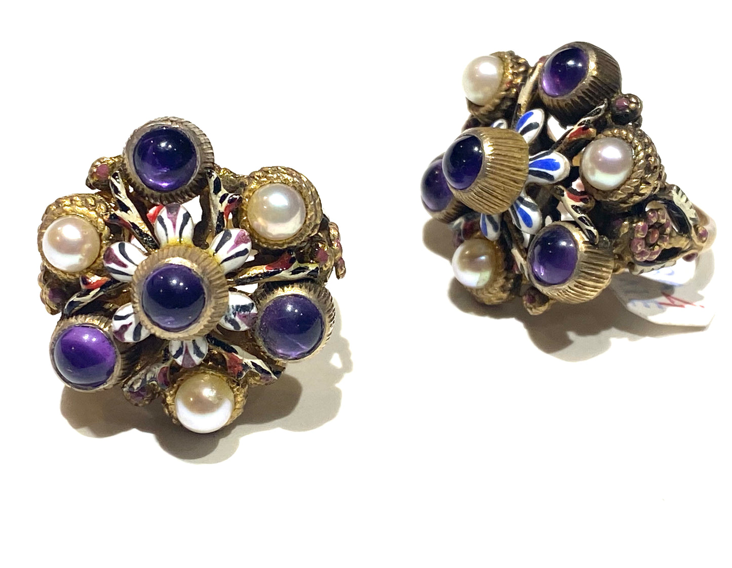 Round windstar, pearls & amethyst spheres 925 gold plated rings, NOS 60s