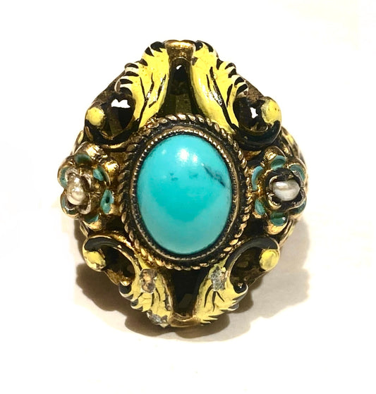 Fabergè style gold plated 900 silver ring with turquoise stone