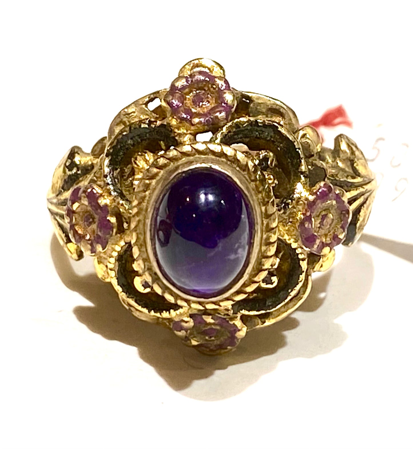 Amethyst & purple daisies gold plated 925 silver ring, 60s NOS