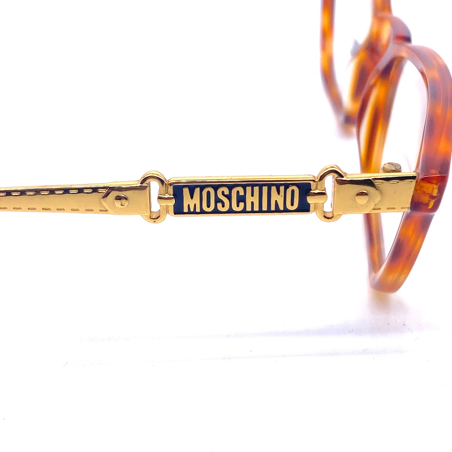 Moschino Persol square demi blonde eyeglasses with carved golden metal belt/buckle temples, so cute and minty