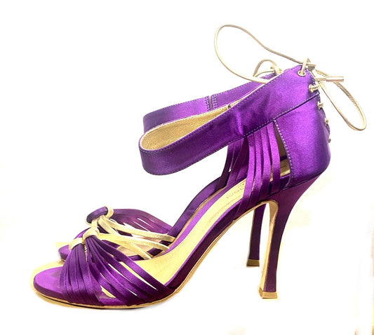 Sergio Rossi purple / gold leather / Chiffon heels décolleté shoes made in Italy, great condition sz 40