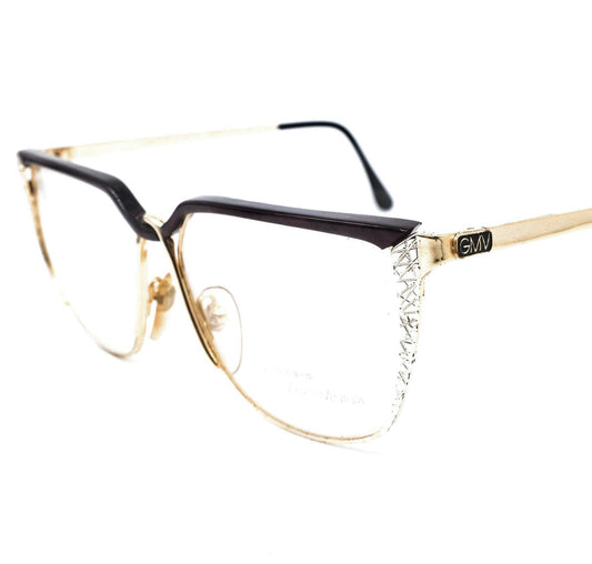 Gian Marco Venturi 009 golden metallic drop eyeglasses frames made in Italy black browline and silver carved rim decorations, NOS 1990s