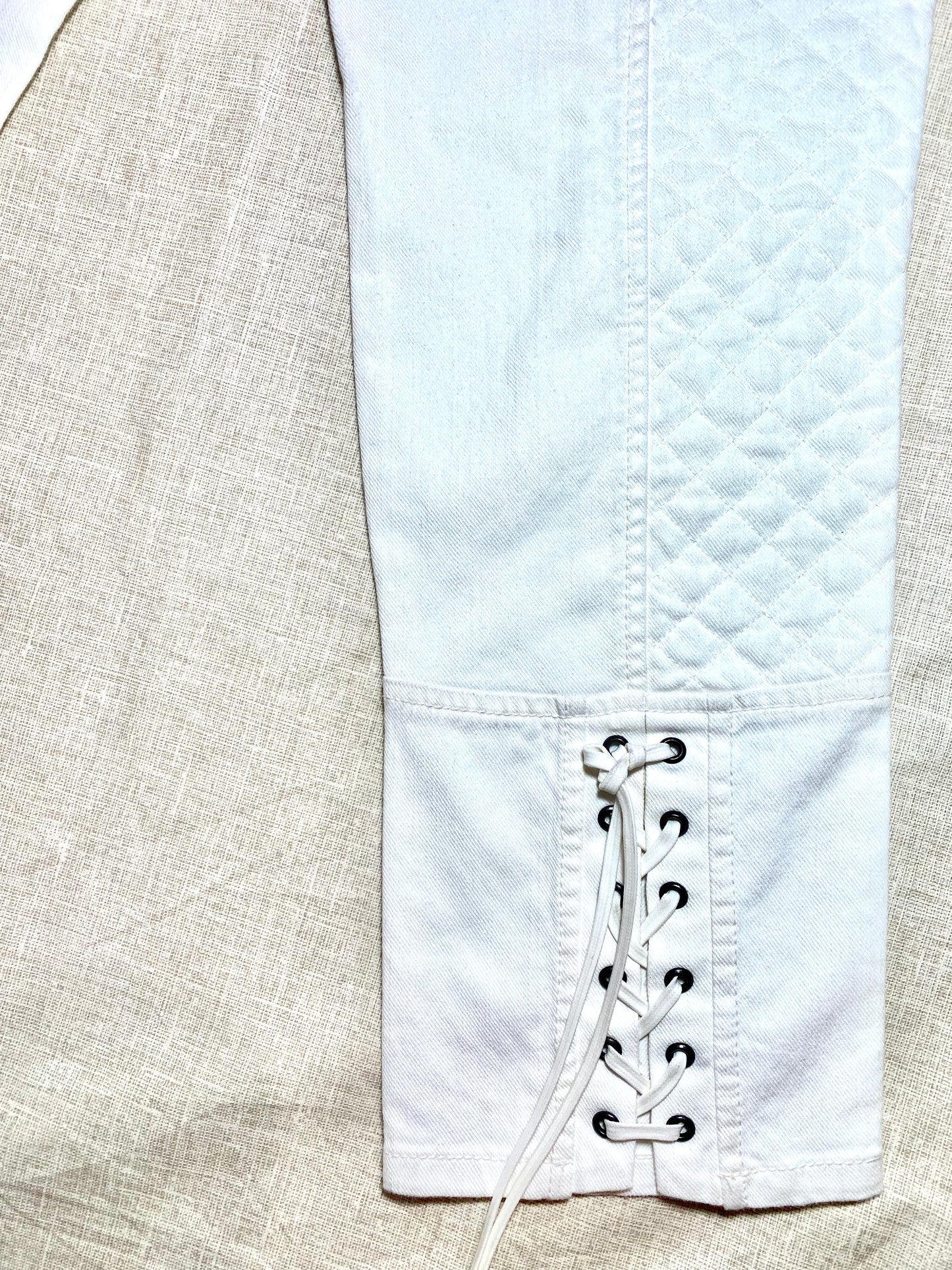 Jean’s Paul Gaultier white stretch denim capri trousers w laces