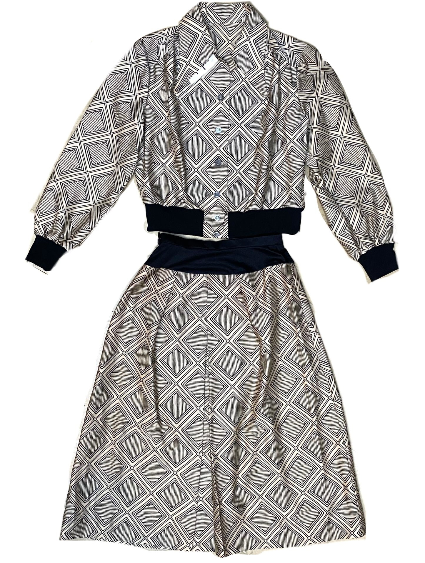 Wiener Tailor made 1970s geometrical allover satin 2pcs set dress, mint