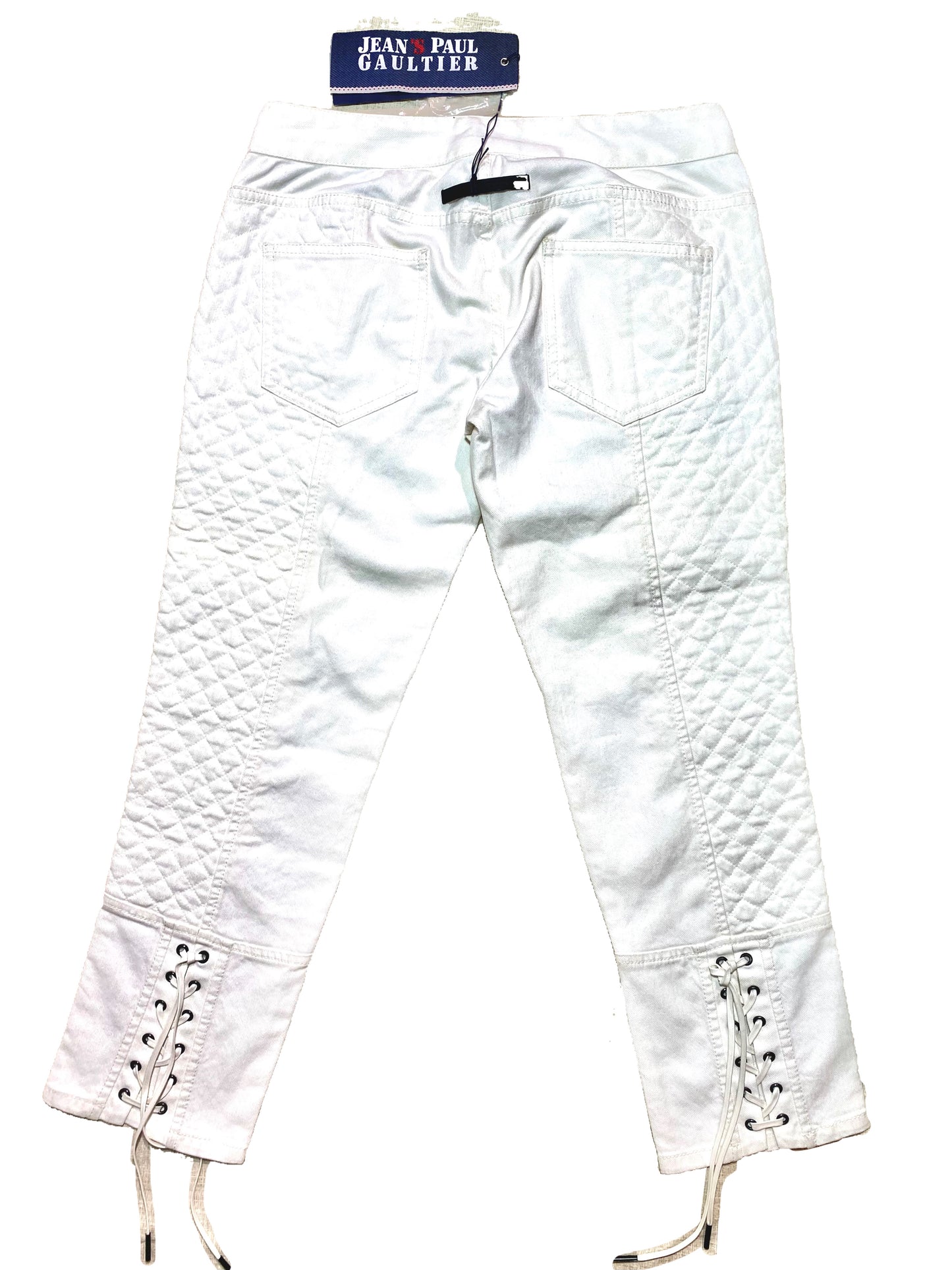 Jean’s Paul Gaultier white stretch denim capri trousers w laces