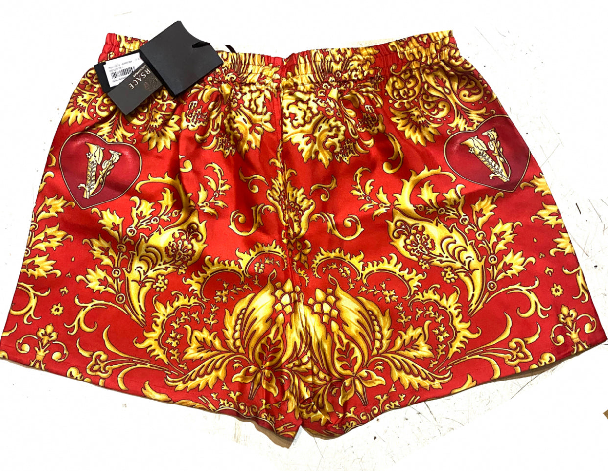 Versace Virtus V silk trunks in red w gold baroque motif, BNWT